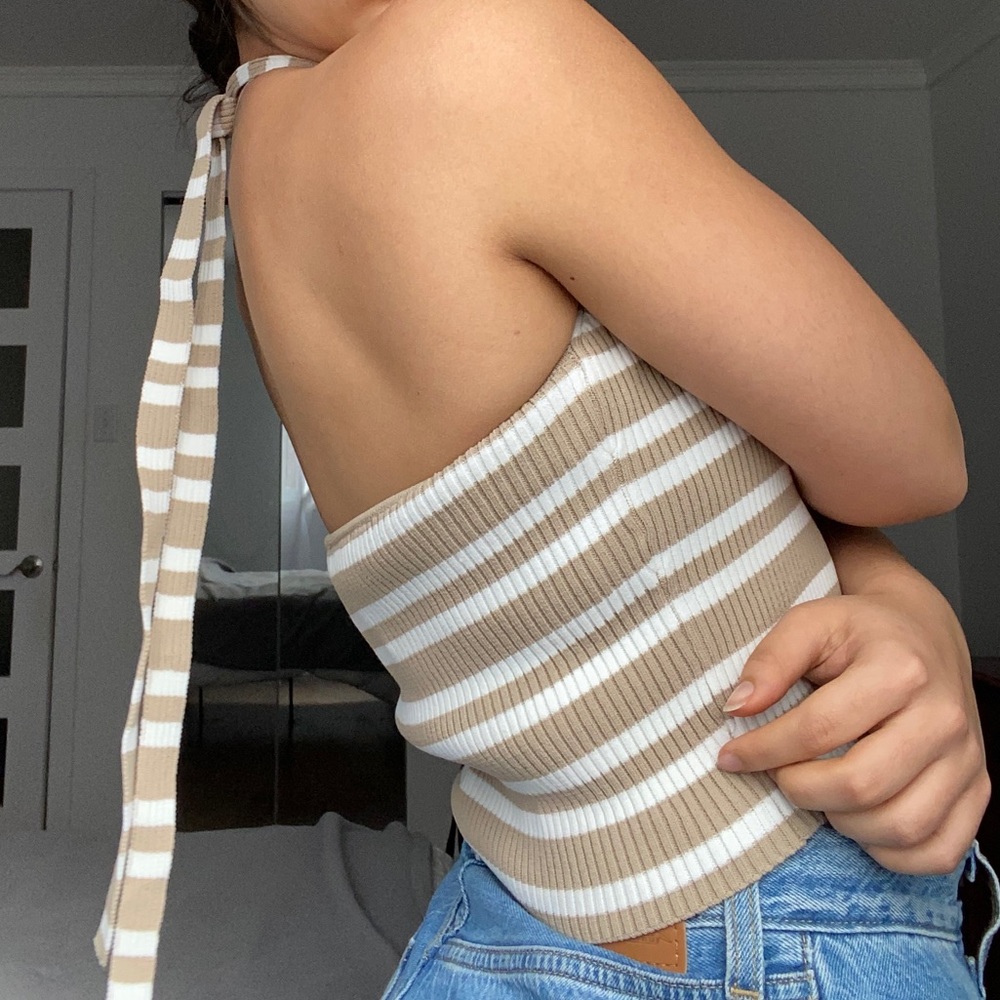 PIMKIE Beige and Cream Striped Cropped Tank Top